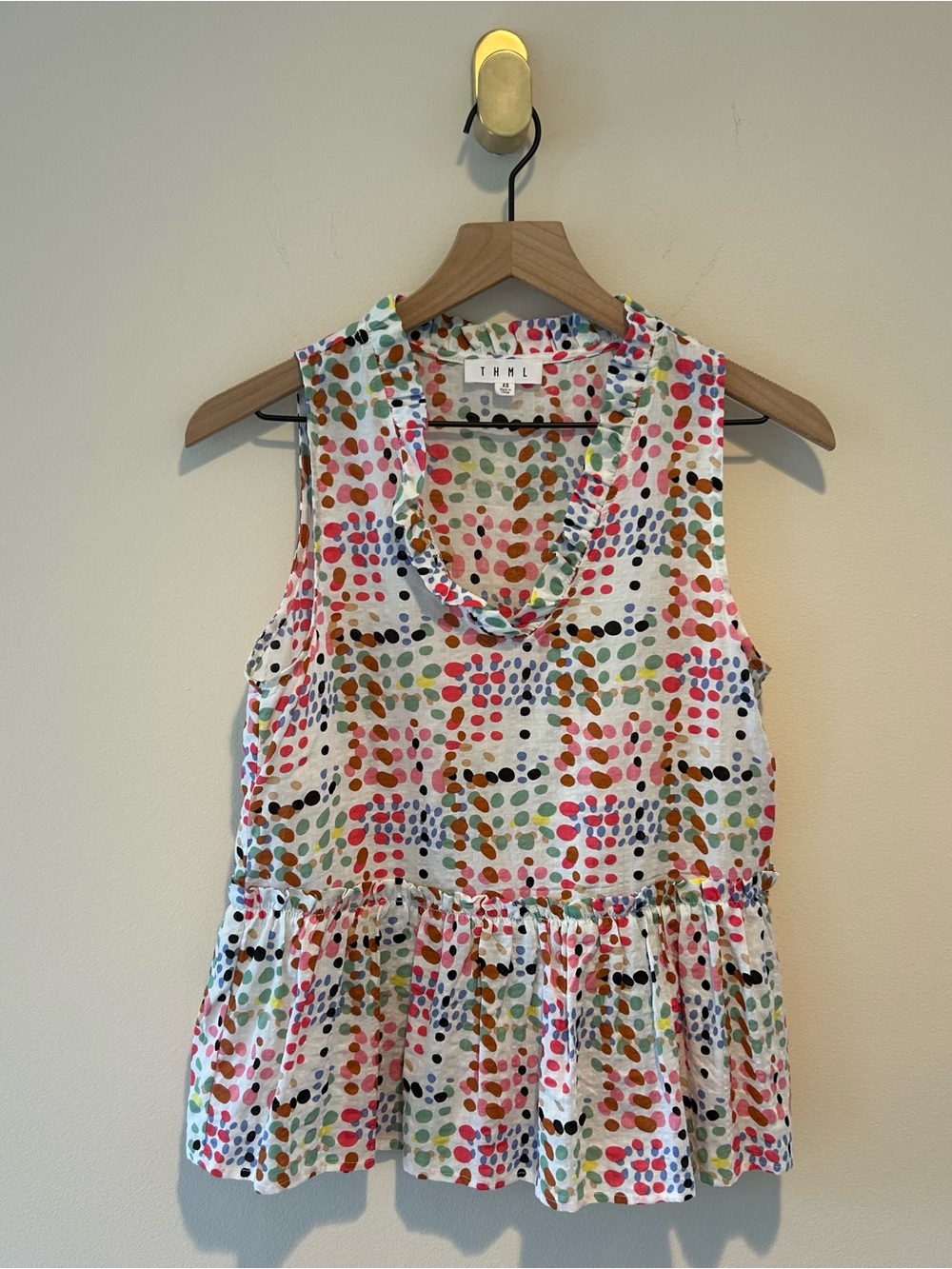 THML Multicolor Samantha Polka Dot Peplum Top Blouse Sleeveless Size XS